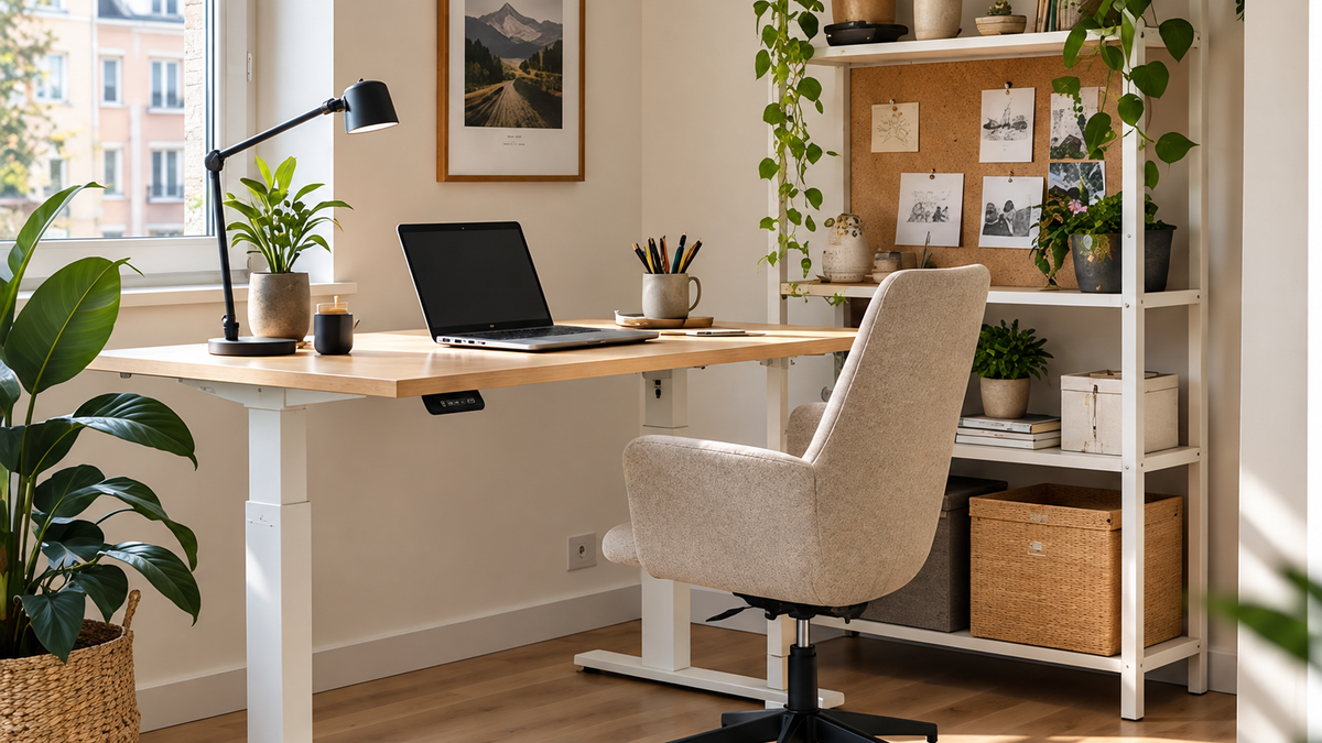 Home office in a small apartment featuring a height-adjustable desk, laptop, comfortable chair and practical storage.