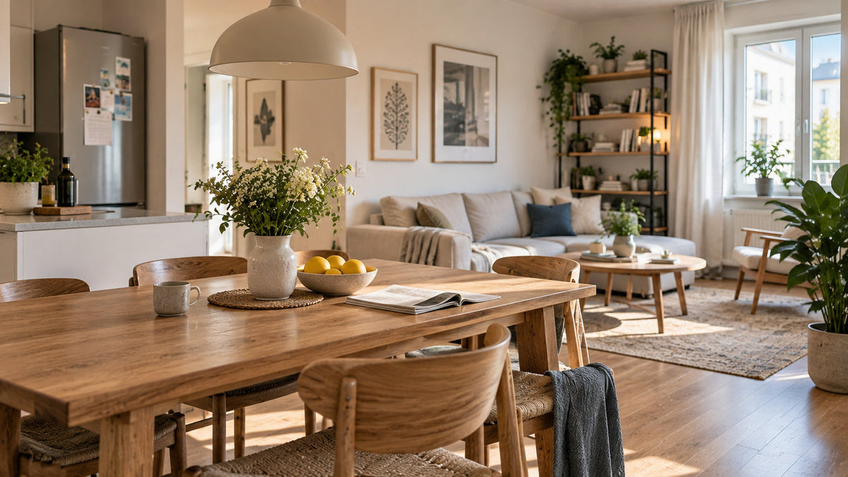 Functional home design with an open-plan living room, dining area, in a warm, modern apartment.