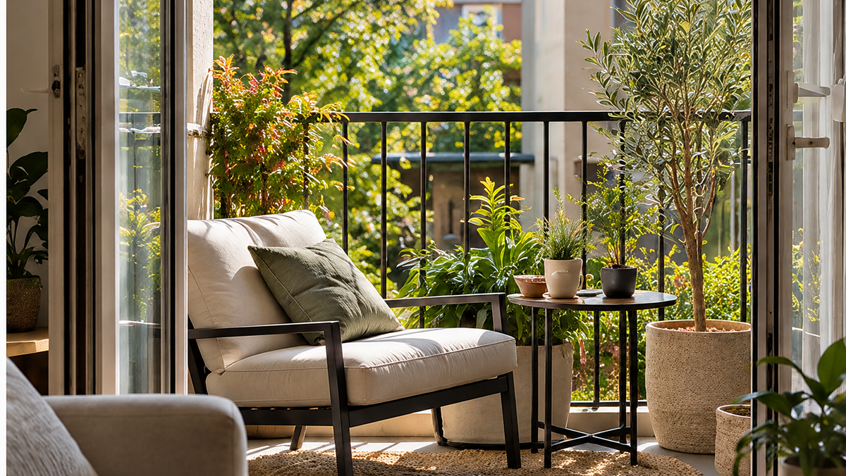 Indoor outdoor living ideas featuring a sunlit apartment balcony with comfortable seating, a small table and lush greenery.