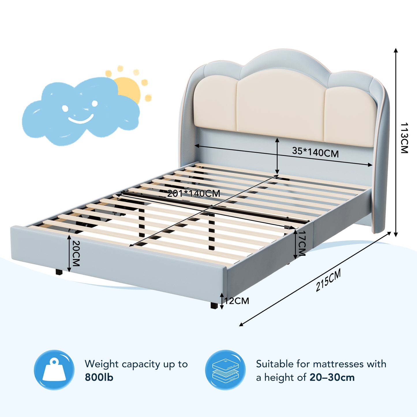 HOMAVO Kids Bed, Floating Bed, Prince/Princess Dream Bed, Cloud-Shaped Bed, LED Music Light, Sturdy Frame