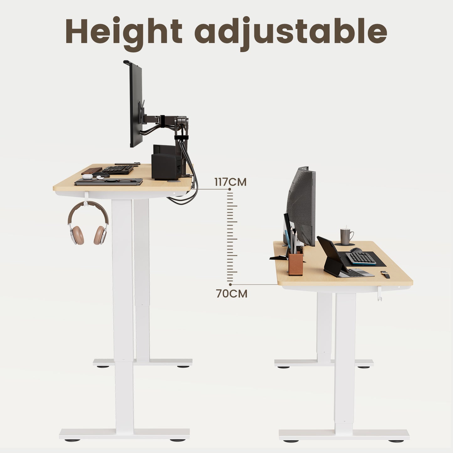 Sit-Stand Desk, Electrically Height-Adjustable Desk with Memory Function and Anti-Collision Technology, Sturdy and Durable, Quiet Motor, Height Range 70–117 cm