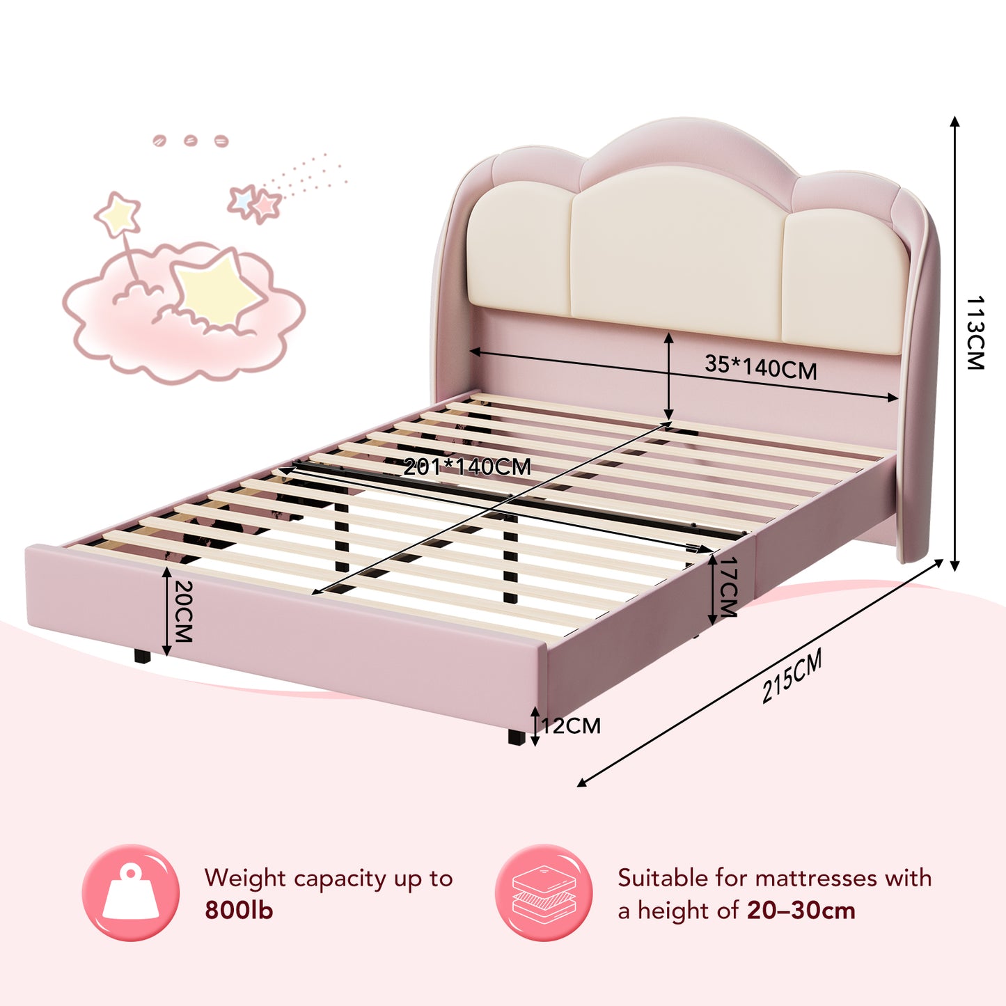 HOMAVO Kids Bed, Floating Bed, Prince/Princess Dream Bed, Cloud-Shaped Bed, LED Music Light, Sturdy Frame
