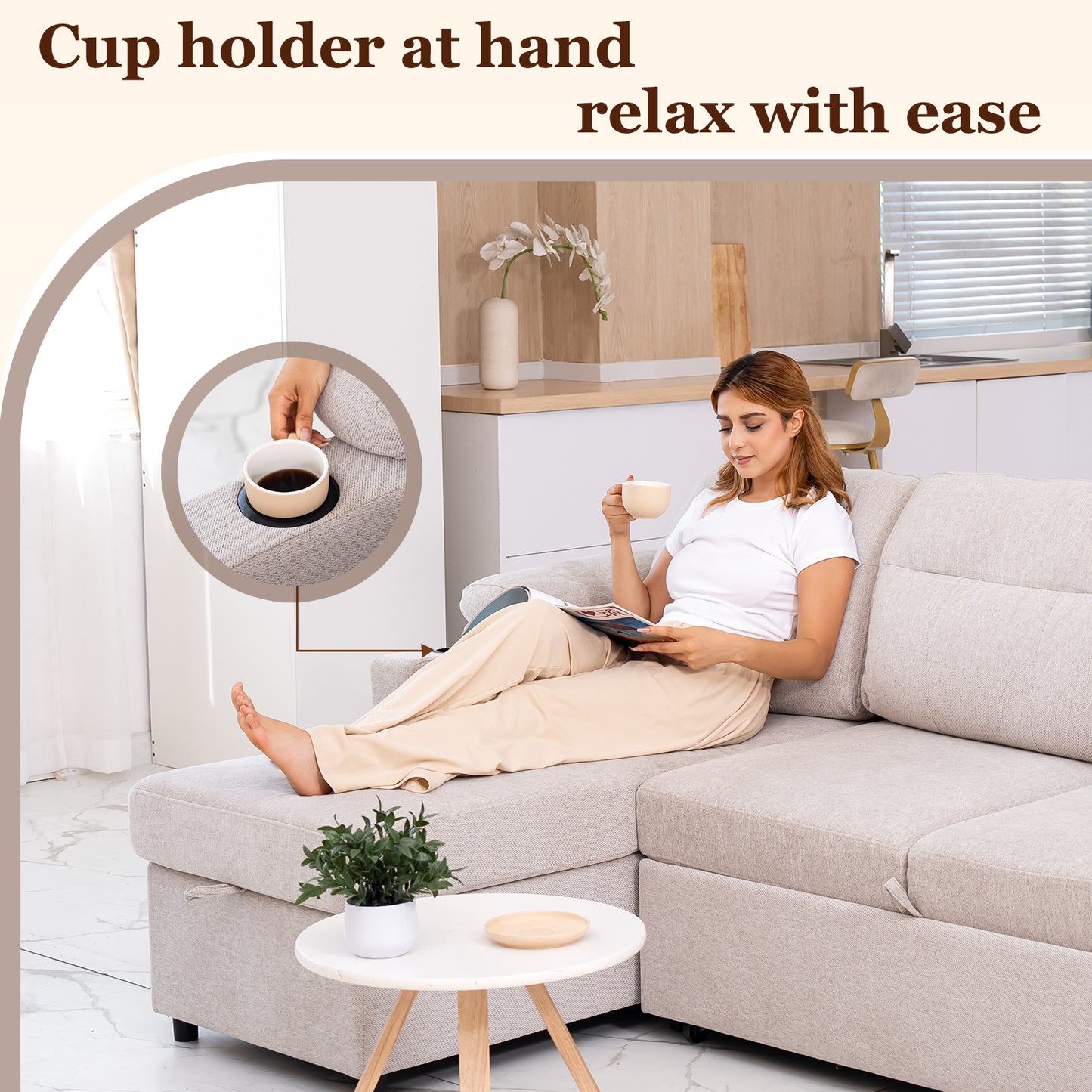HOMAVO Multifunctional L-Shaped Corner Sofa, Reversible Chaise Longue (Left or Right), Pull-Out Bed, Spring-Package Seat Cushions, Fabric Upholstery, Large Storage Space, Cup and Phone Holder, Removable Covers, FSC Wooden Frame