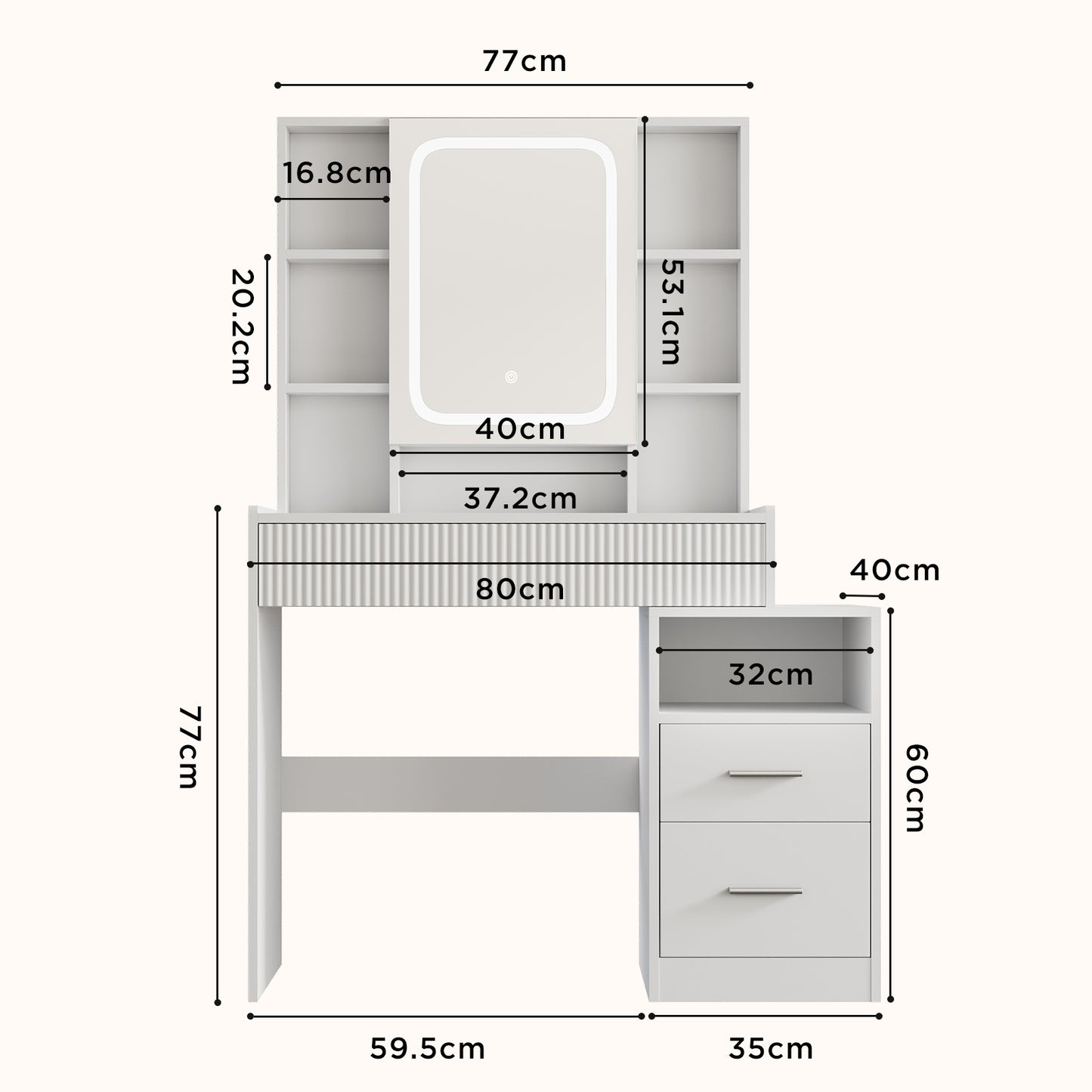 HOMAVO Modern LED Vanity Table – Makeup Desk with Adjustable Lighting, 3 Drawers & 8 Open Shelves for Bedroom and Dressing Room