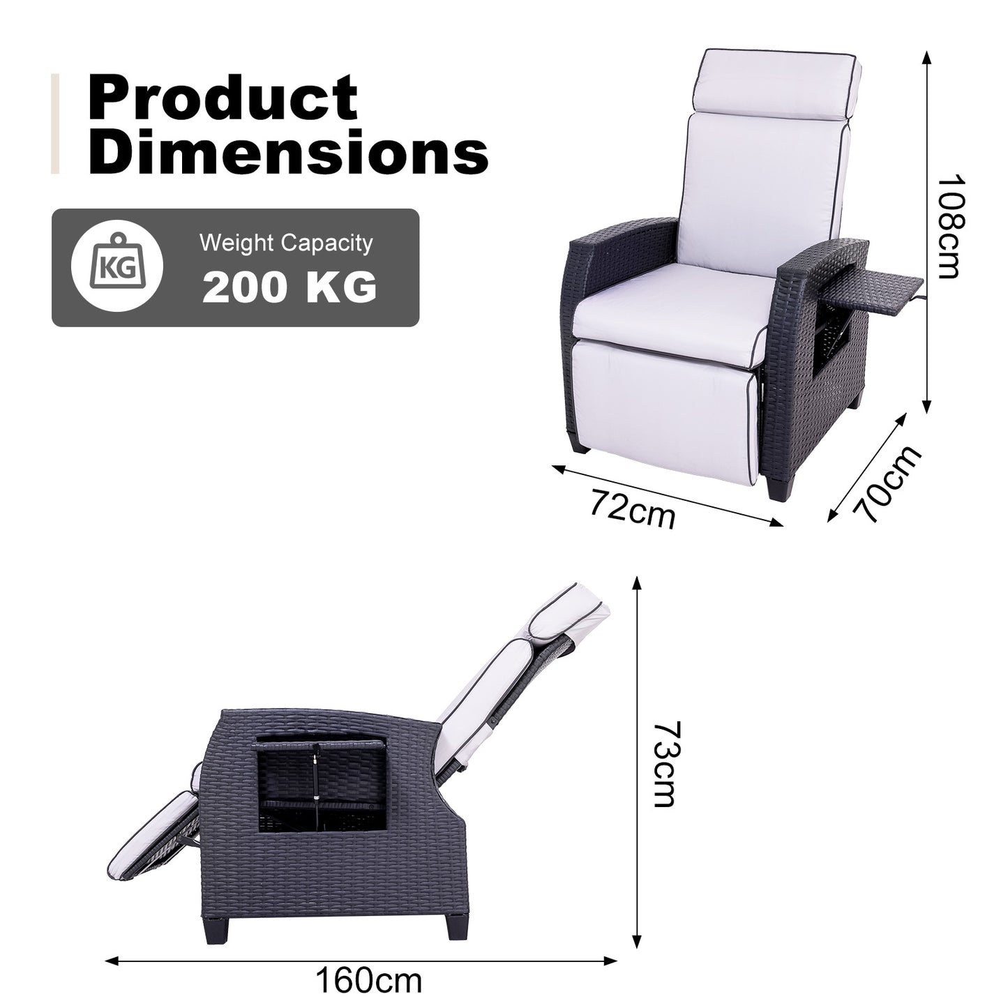 HOMAVO TY01 Rattan Recliner Armchair – Adjustable Backrest, Built-in Side Table, Waterproof & Sun-Resistant, Ideal for Indoor, Balcony, Patio, and Garden