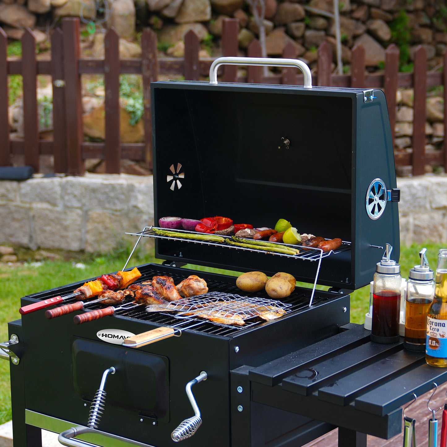 HOMAVO Charcoal Grill, Grill Surface: 56 × 42.5 cm, Height Adjustable Carbon Tub, Foldable Side Table
