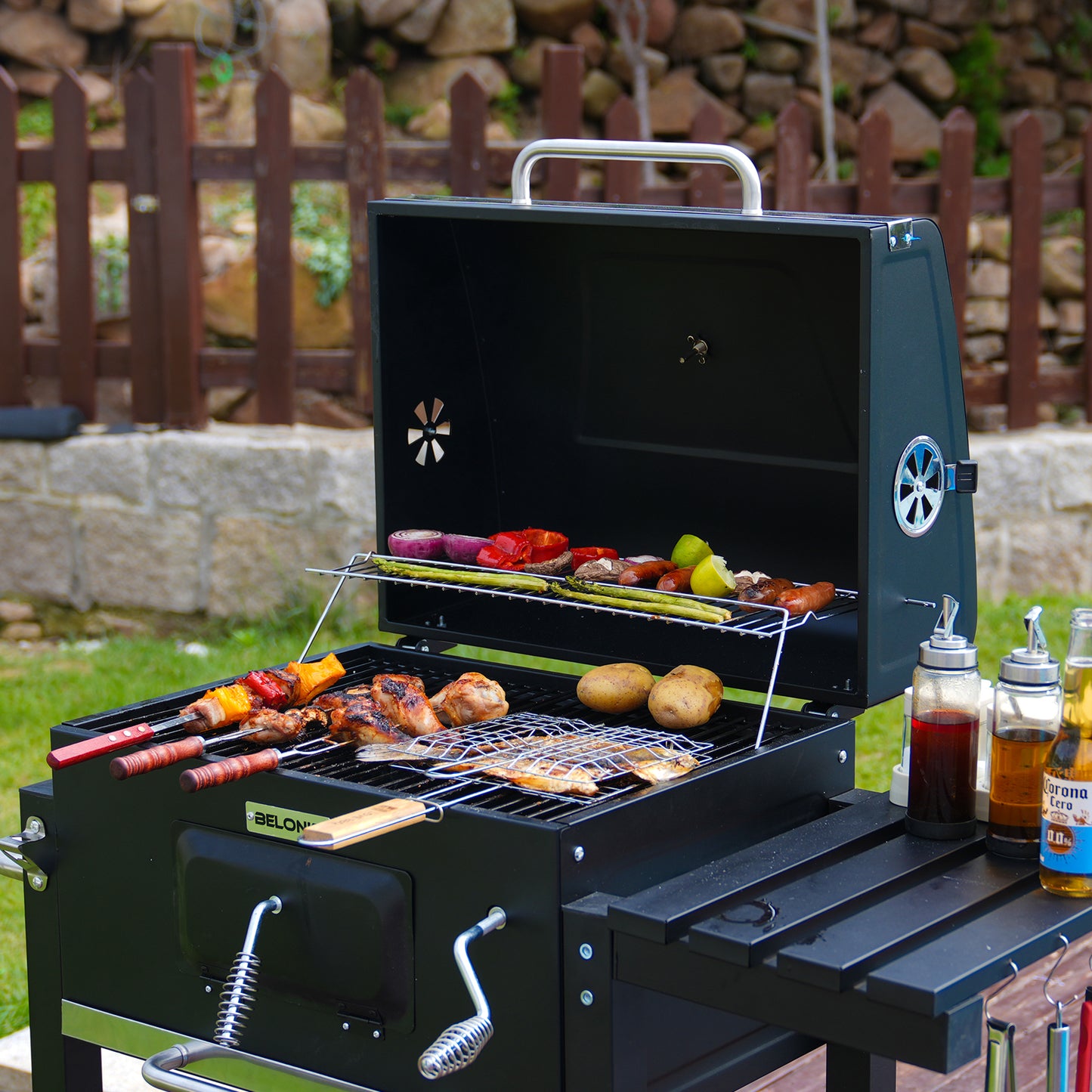 HOMAVO Charcoal Grill, Grill Surface: 56 × 42.5 cm, Height Adjustable Carbon Tub, Foldable Side Table