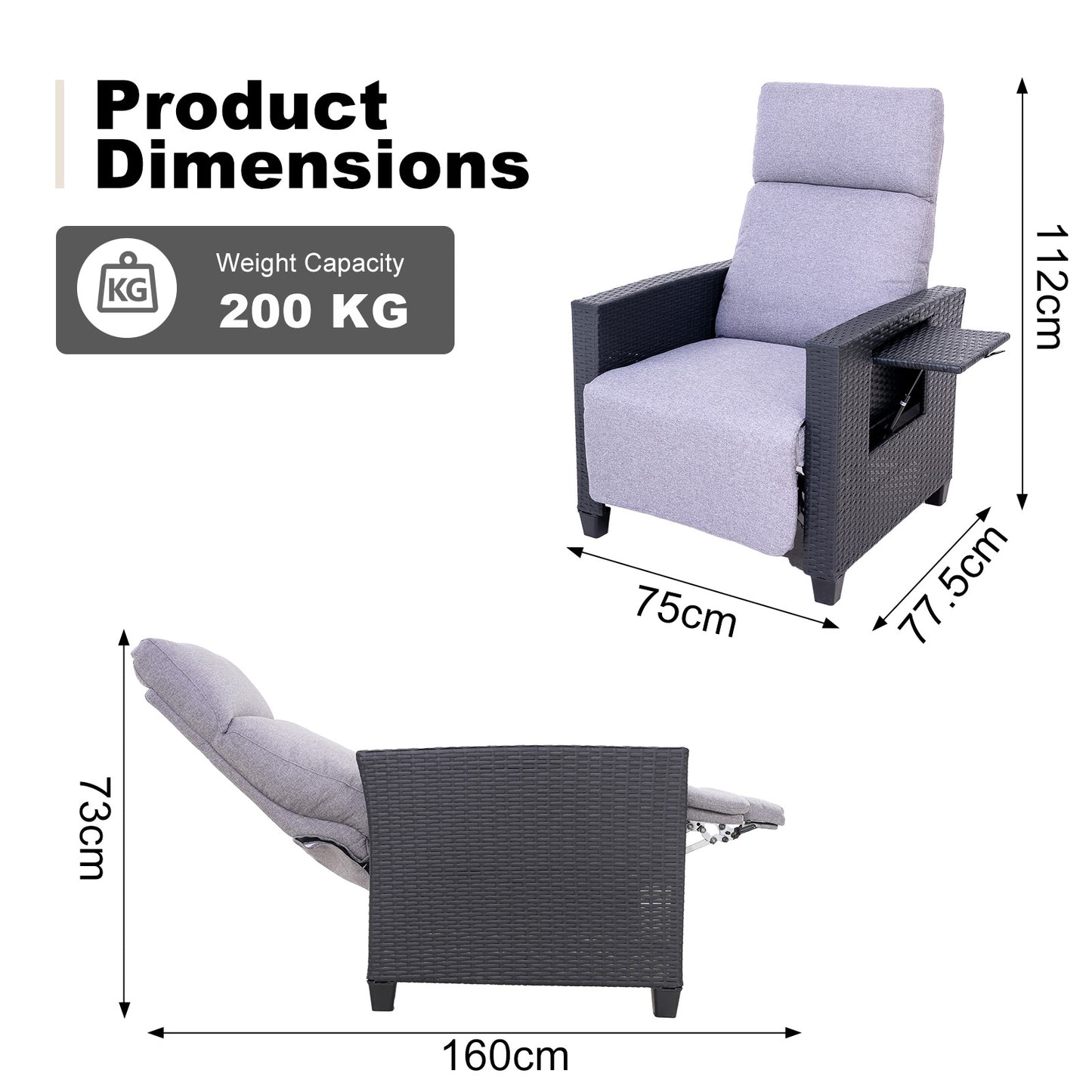 HOMAVO TY02 Rattan Recliner Armchair – Adjustable Backrest, Built-in Side Table, Waterproof & Sun-Resistant, Ideal for Indoor, Balcony, Patio, and Garden
