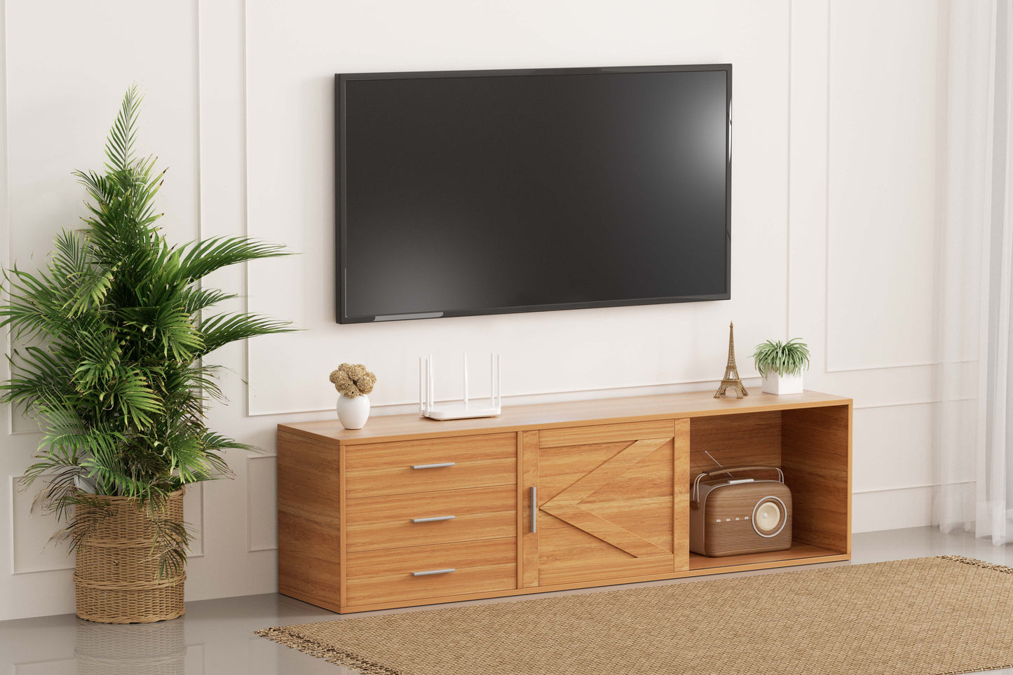 HOMAVO 160cm Modern TV Stand – 3 Drawers & 2 Sliding Doors | FSC Wood Storage Cabinet