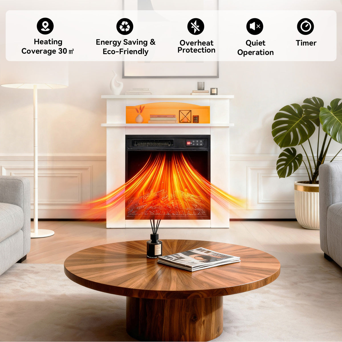 Cheminée électrique d'appoint HOMAVO 18 pouces, 900W/1800W, flamme 3D, bande lumineuse LED, télécommande, dimensions : 72 × 30 × 75 cm