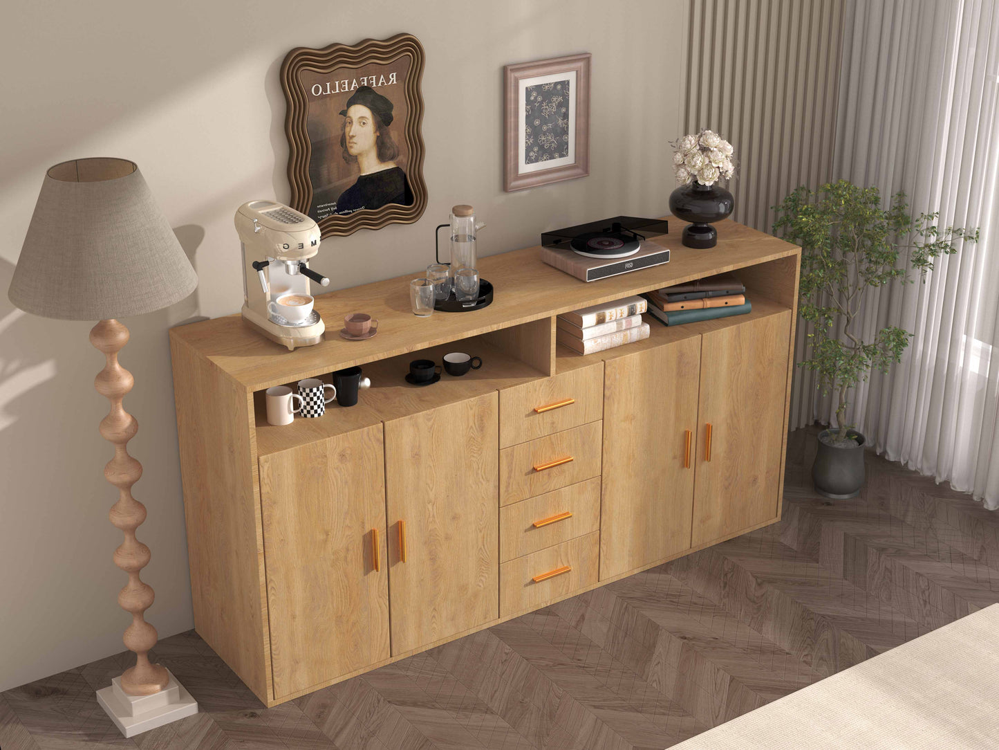 HOMAVO Modern Storage Sideboard with 4 Drawers, 2 Doors and 2 Open Shelves – Buffet Cabinet for Living Room or Dining Room