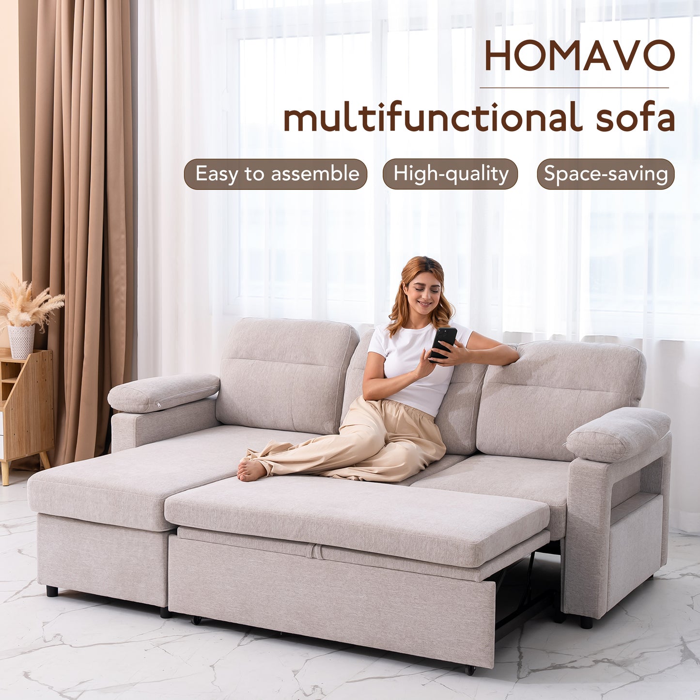 HOMAVO Multifunctional L-Shaped Corner Sofa, Reversible Chaise Longue (Left or Right), Pull-Out Bed, Spring-Package Seat Cushions, Fabric Upholstery, Large Storage Space, Cup and Phone Holder, Removable Covers, FSC Wooden Frame