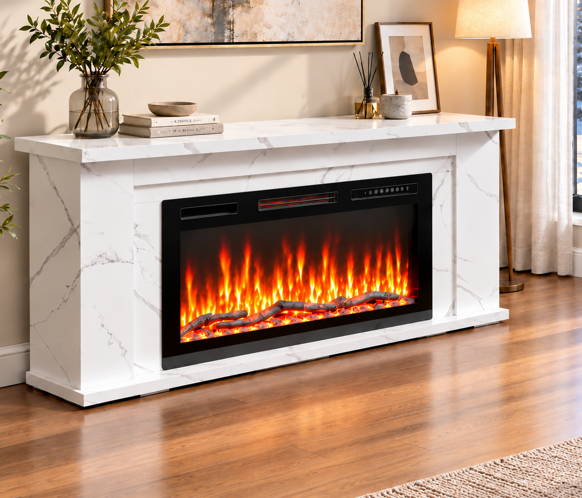 HOMAVO Electric Fireplace with Cabinet, 36 Inch, 1000/2000 W Heating, APP Control, 3D Flame Effect, 152 × 27.5 × 66 cm Cabinet, 12 Flame Colors, 1–8 H Timer