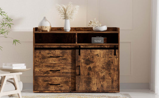 HOMAVO Modern Sideboard – 3 Drawers, 1 Sliding Door & 2 Open Shelves | Elegant Storage Cabinet for Living Room or Dining Room