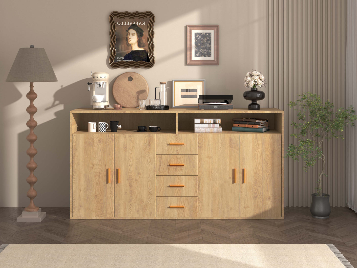 HOMAVO Modern Storage Sideboard with 4 Drawers, 2 Doors and 2 Open Shelves – Buffet Cabinet for Living Room or Dining Room