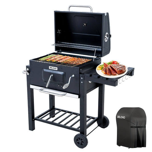 HOMAVO Charcoal Grill, Grill Surface: 56 × 42.5 cm, Height Adjustable Carbon Tub, Foldable Side Table