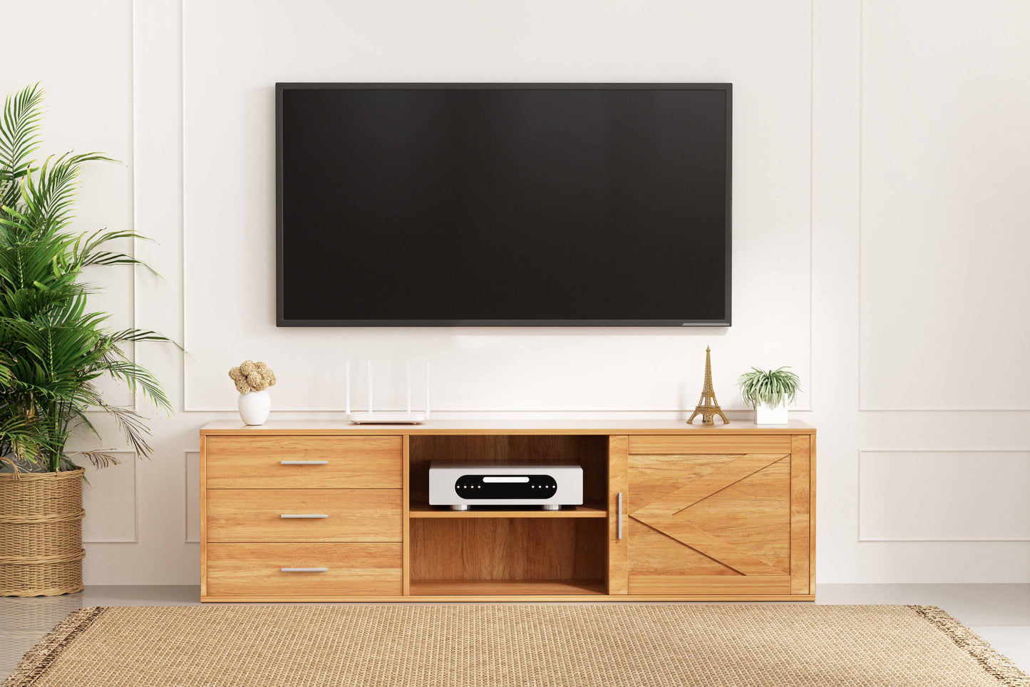 HOMAVO 160cm Modern TV Stand – 3 Drawers & 2 Sliding Doors | FSC Wood Storage Cabinet