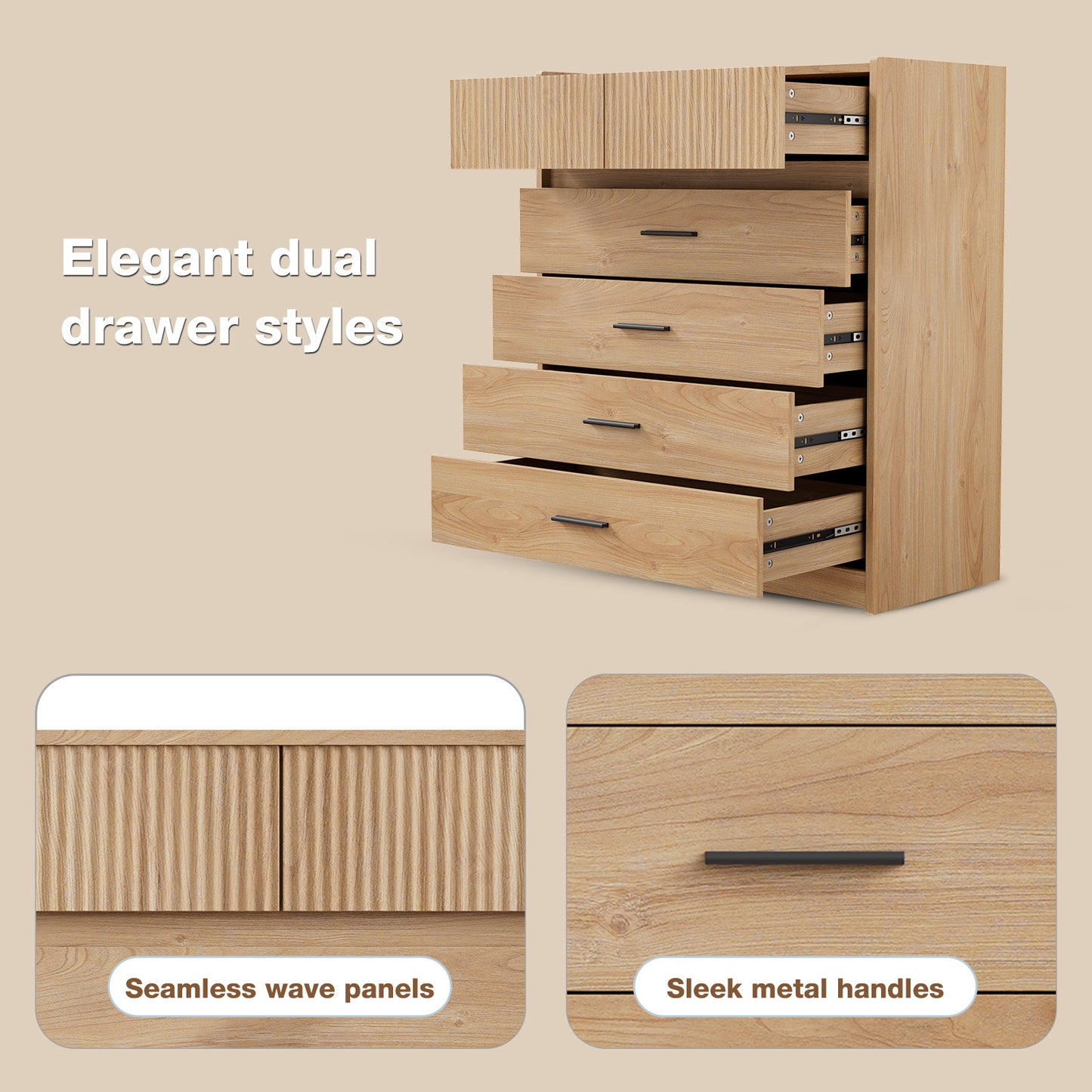 HOMAVO Dresser 74×90 cm – Modern Storage Cabinet with 6 Spacious Drawers and Easy-Clean Surface