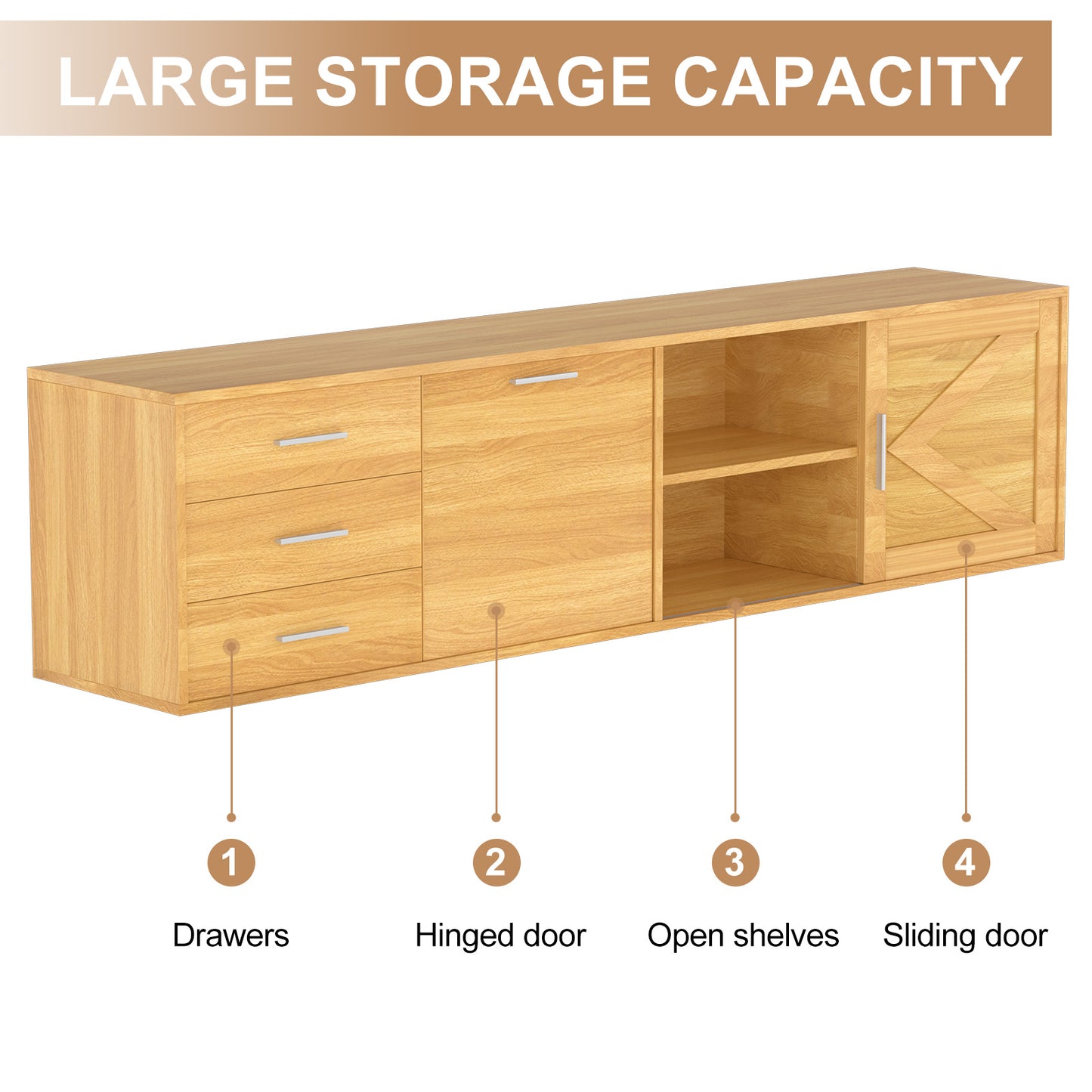HOMAVO 180cm Modern TV Stand – 3 Drawers, 1 Sliding Door & 1 Swing Door | FSC Wood Storage Cabinet