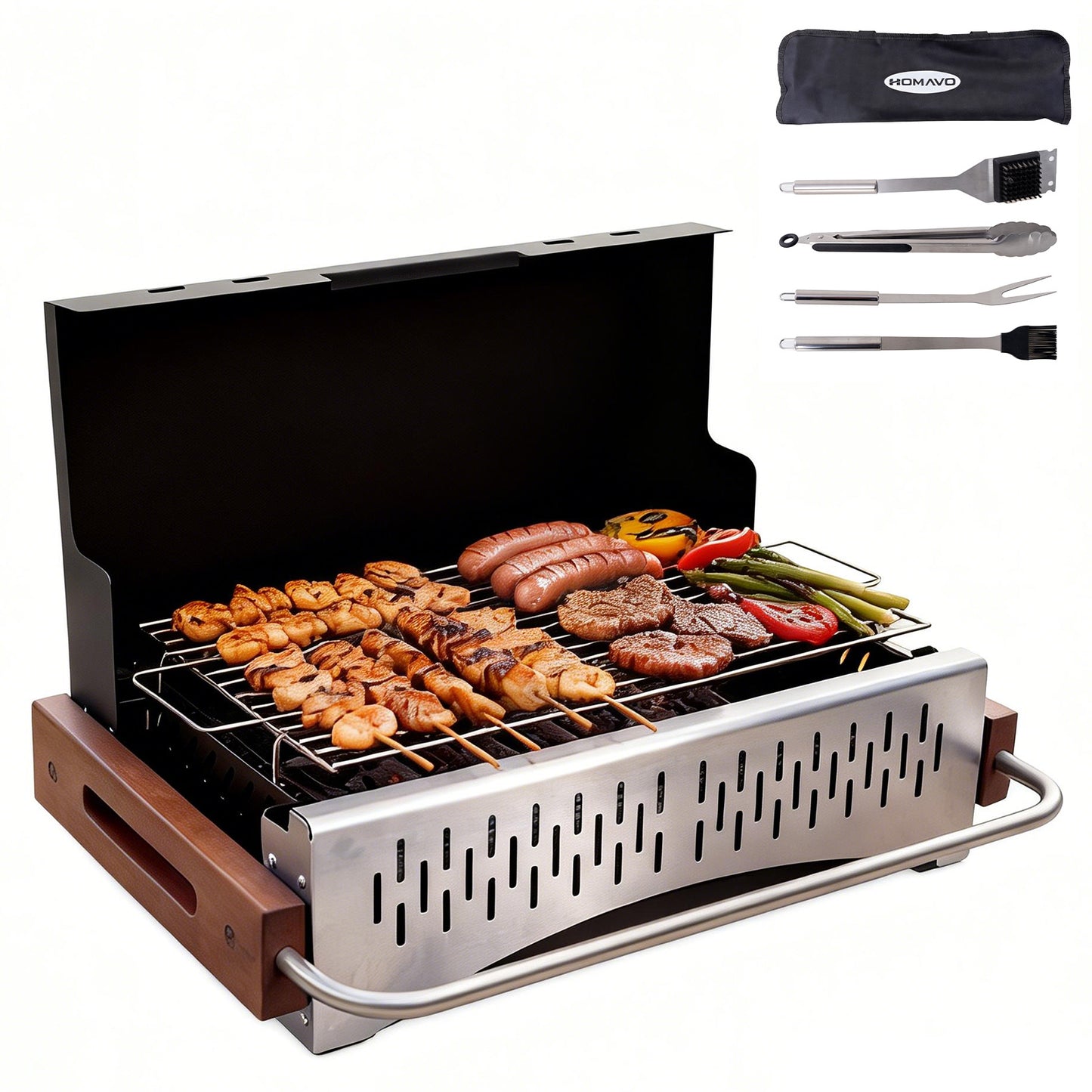 HOMAVO Portable Charcoal BBQ Grill for Camping, Picnic & Backyard Grilling, Grilling Area: 38.15 × 20.95 cm
