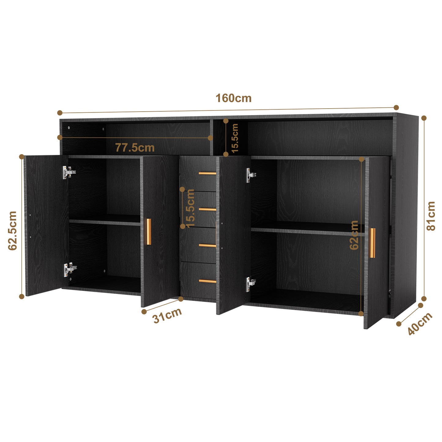 HOMAVO Modern Storage Sideboard with 4 Drawers, 2 Doors and 2 Open Shelves – Buffet Cabinet for Living Room or Dining Room