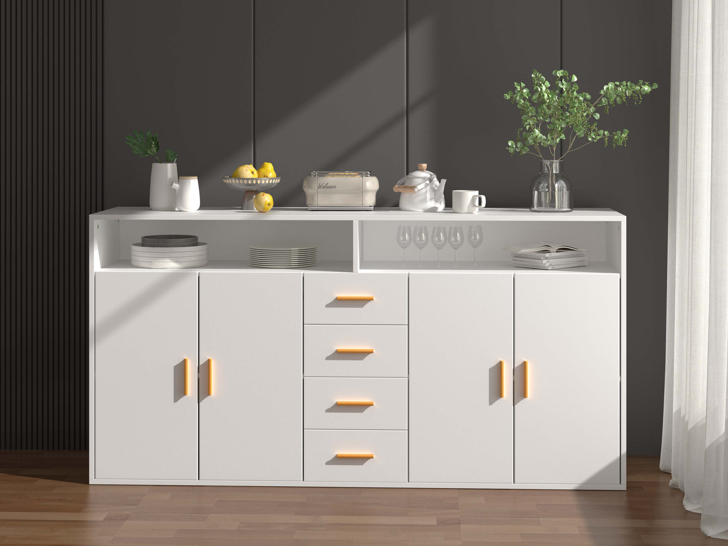 HOMAVO Modern Storage Sideboard with 4 Drawers, 2 Doors and 2 Open Shelves – Buffet Cabinet for Living Room or Dining Room