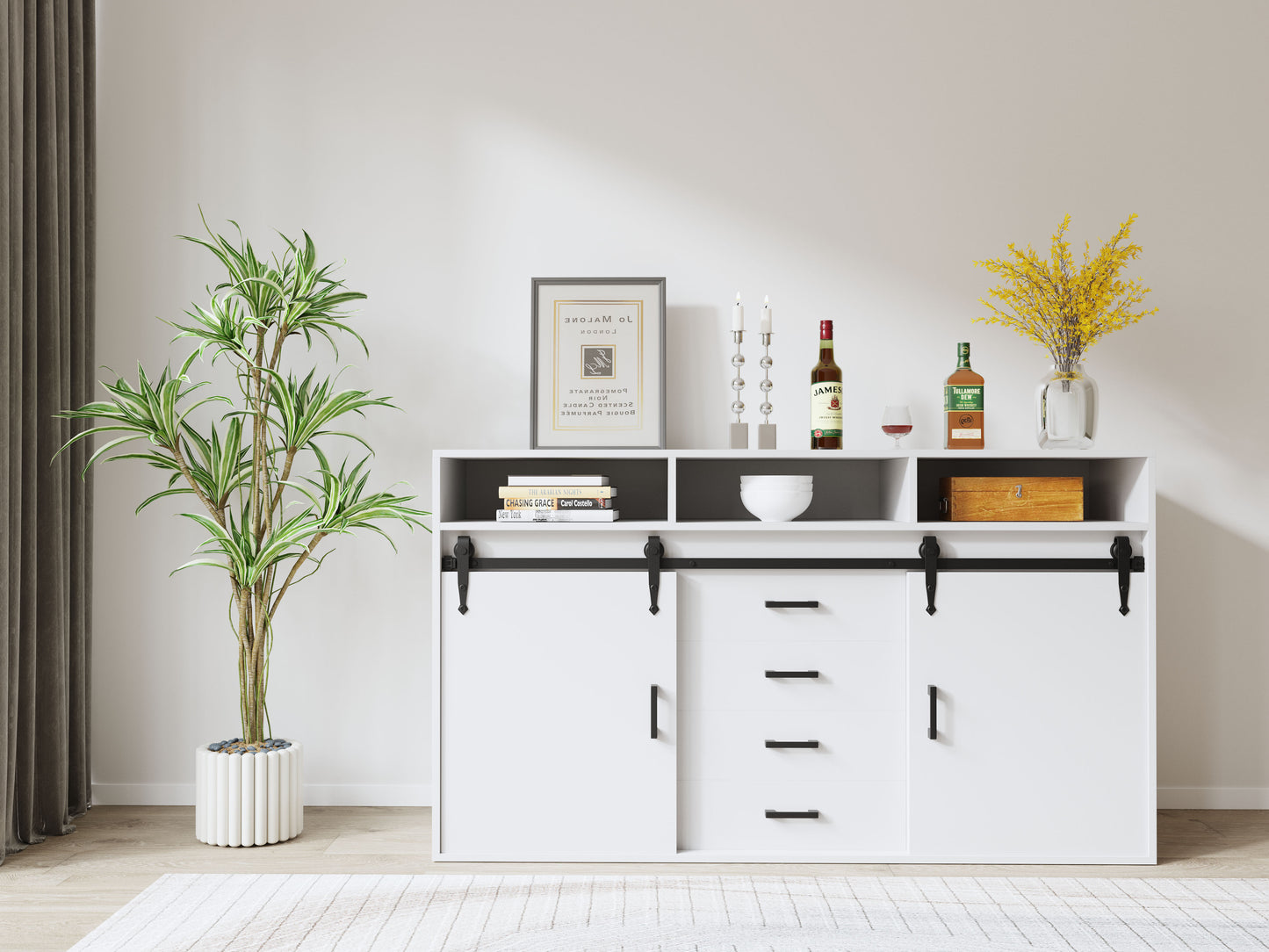 HOMAVO Modern 2-Piece Sideboard with 4 Drawers, 2 Sliding Doors and 2 Open Shelves | Elegant Storage Cabinet for Living Room or Dining Room