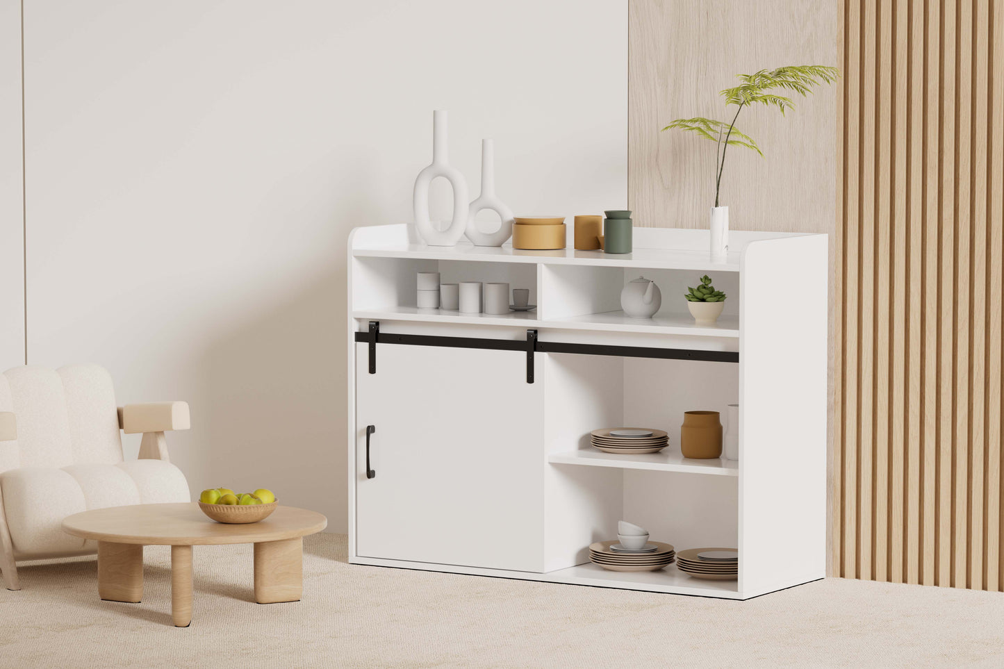 HOMAVO Modern Sideboard – 3 Drawers, 1 Sliding Door & 2 Open Shelves | Elegant Storage Cabinet for Living Room or Dining Room