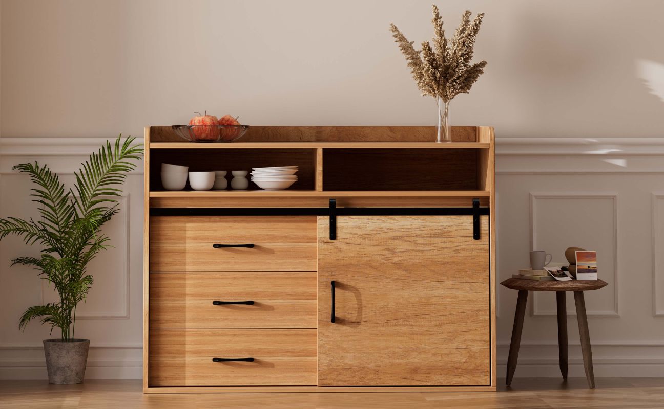 HOMAVO Modern Sideboard – 3 Drawers, 1 Sliding Door & 2 Open Shelves | Elegant Storage Cabinet for Living Room or Dining Room