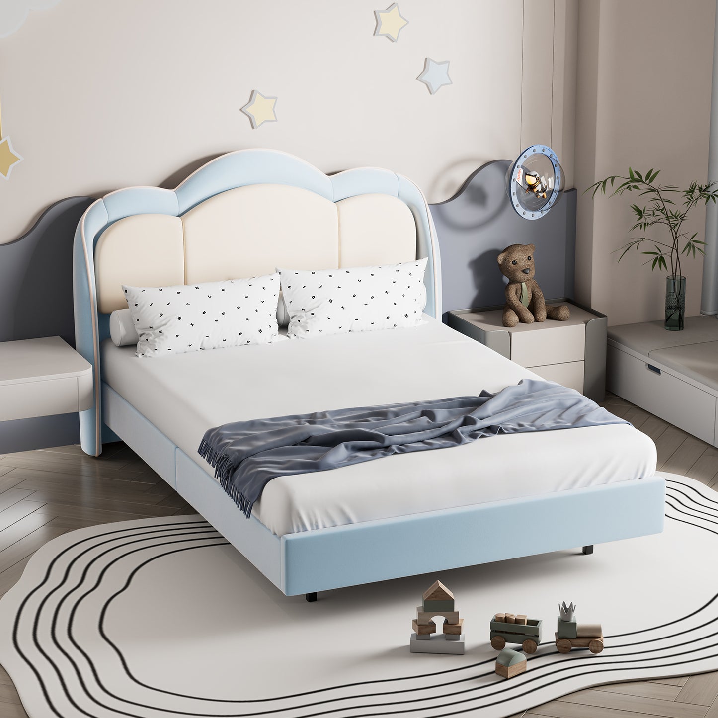 HOMAVO Kids Bed, Floating Bed, Prince/Princess Dream Bed, Cloud-Shaped Bed, LED Music Light, Sturdy Frame
