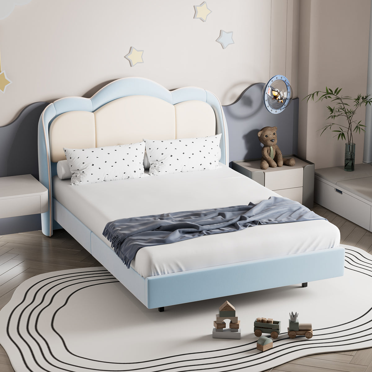 Blue & Pink Cloud-Shaped Floating Kids Bed with LED Music Light