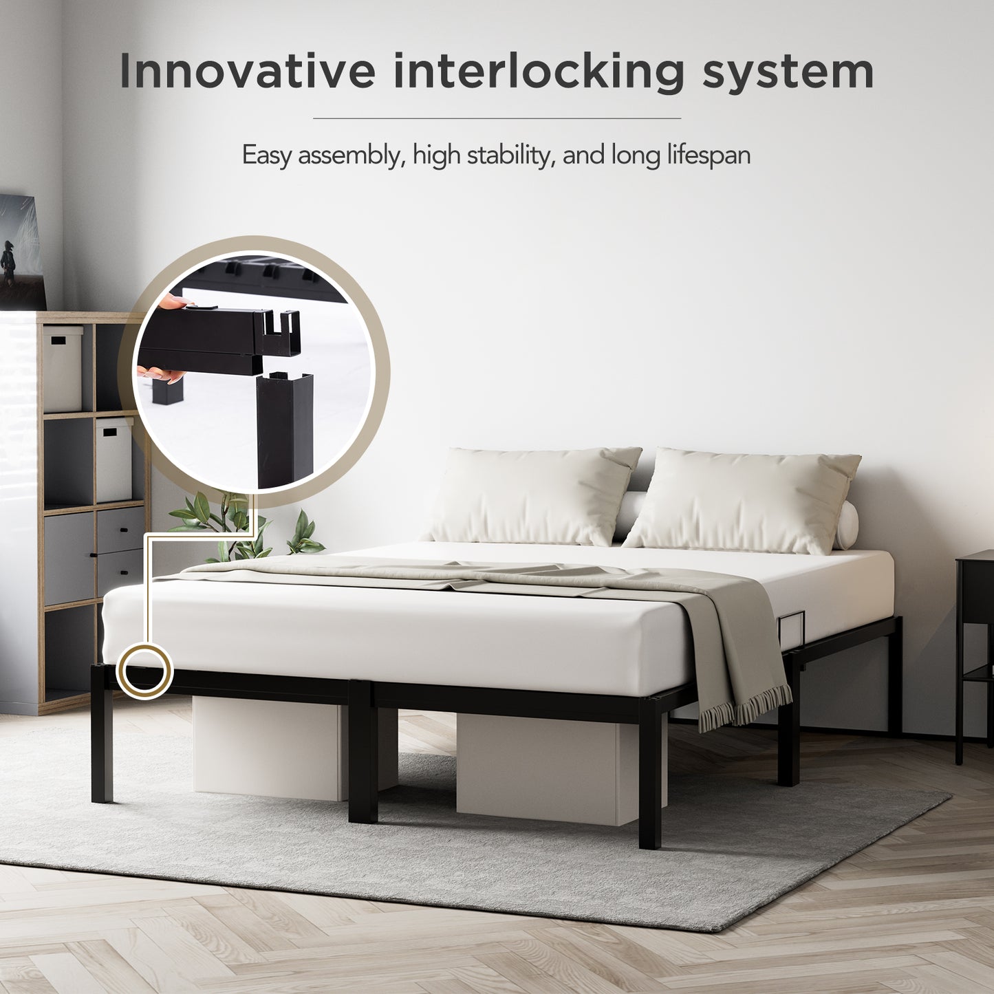HOMAVO Metal Bed Frame, Minimalist Design, Sturdy, Quiet, Anti-Slip,Tool-Free Assembly, Durable and Rust-Resistant