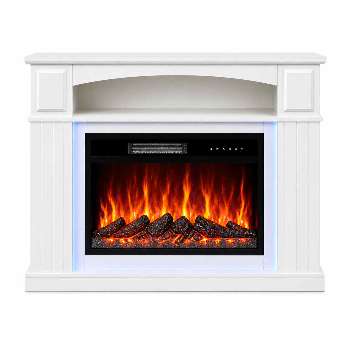 HOMAVO 23-Inch Electric Fireplace with LED-Lit Mantel Cabinet, 1000W/2000W Dual Heat Settings, 7 Flame Colors, 5 Brightness & Flame Speed Levels, 1-8H Timer, Remote + Touch Control, 42 LED Strip Effects, 50 kg Top Load Capacity