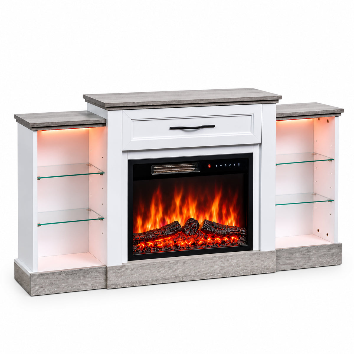 HOMAVO 23-inch electric fireplace with mantel cabinet, LED light strip and multiple storage shelves, 12 flame colors, 5 brightness and flame-speed levels, 41 LED lighting effects, 1–8 hour timer, remote control + touch control
