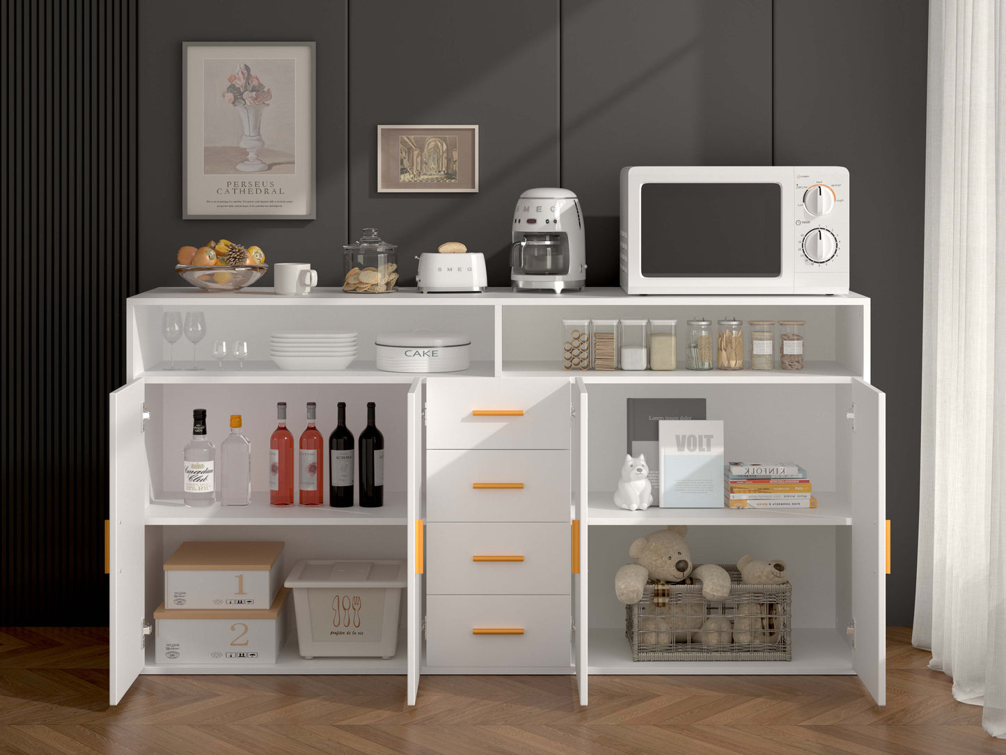 HOMAVO Modern Storage Sideboard with 4 Drawers, 2 Doors and 2 Open Shelves – Buffet Cabinet for Living Room or Dining Room