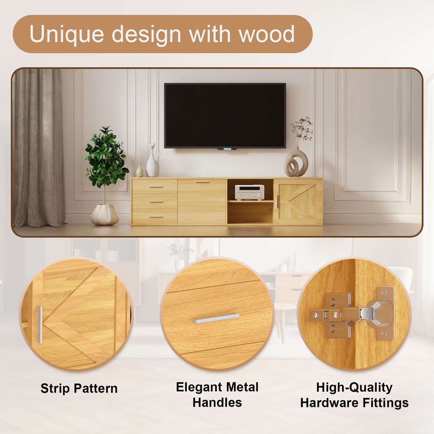 HOMAVO 180cm Modern TV Stand – 3 Drawers, 1 Sliding Door & 1 Swing Door | FSC Wood Storage Cabinet