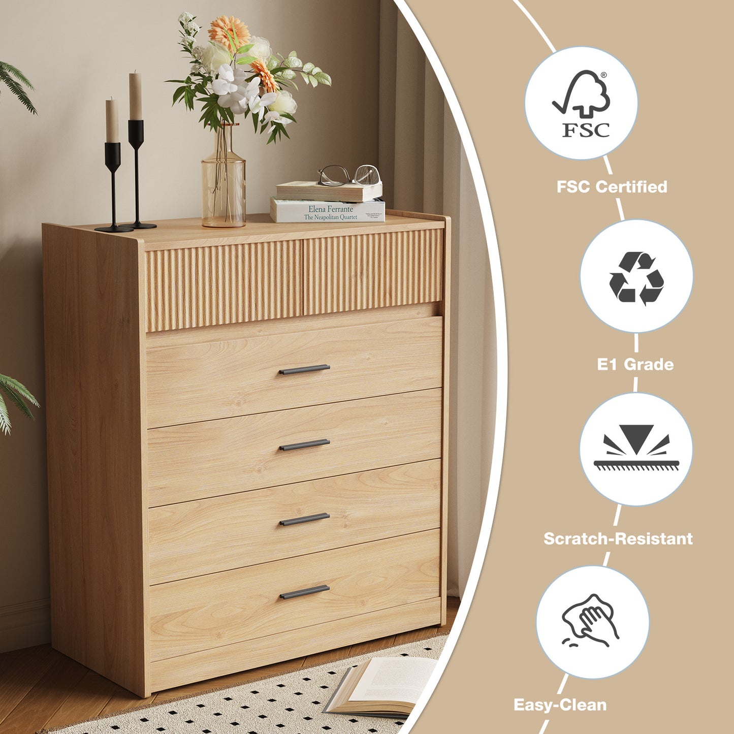 HOMAVO Dresser 74×90 cm – Modern Storage Cabinet with 6 Spacious Drawers and Easy-Clean Surface