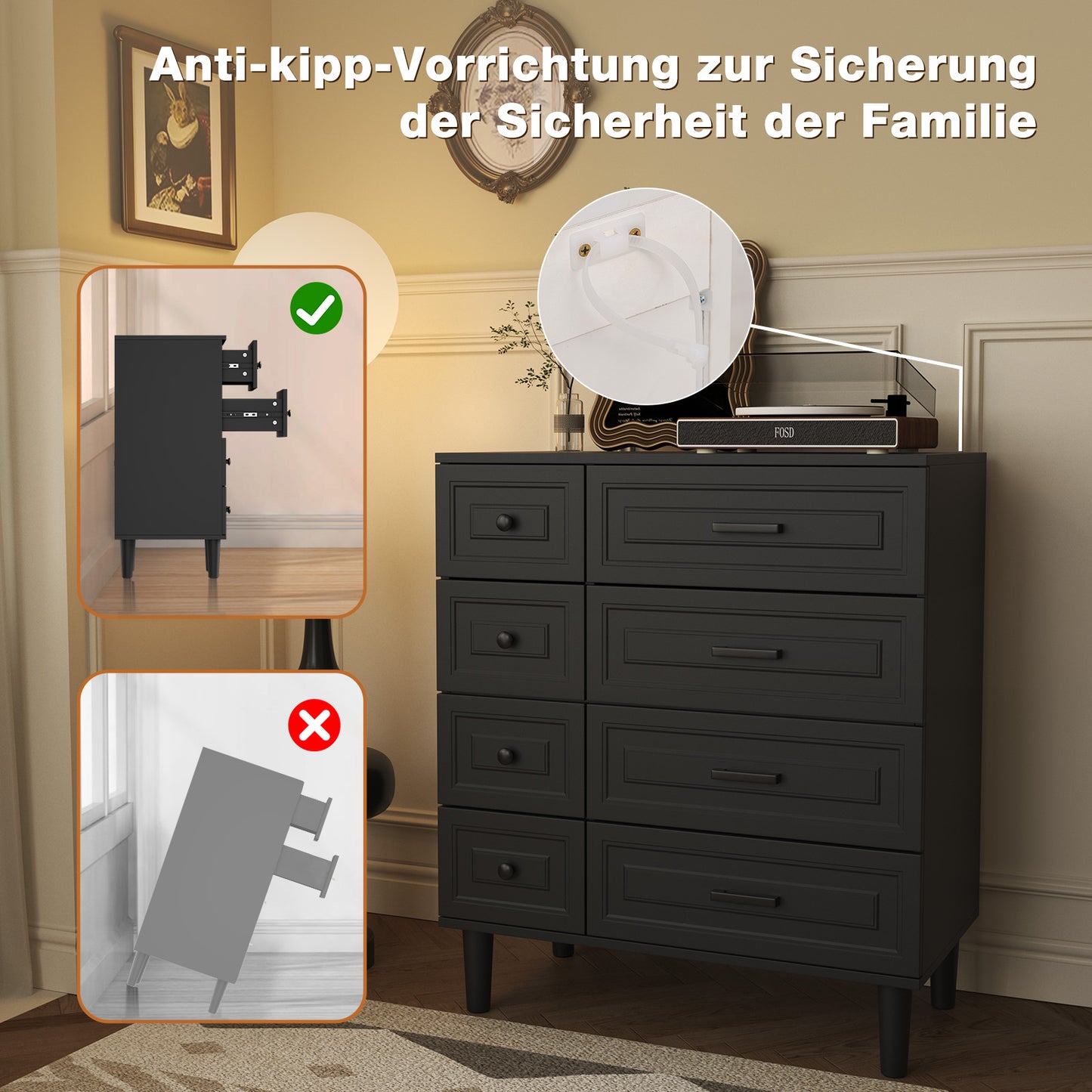 HOMAVO Modern Dresser 74×90 cm – 8 Spacious Drawers Storage Cabinet with Durable Melamine Surface