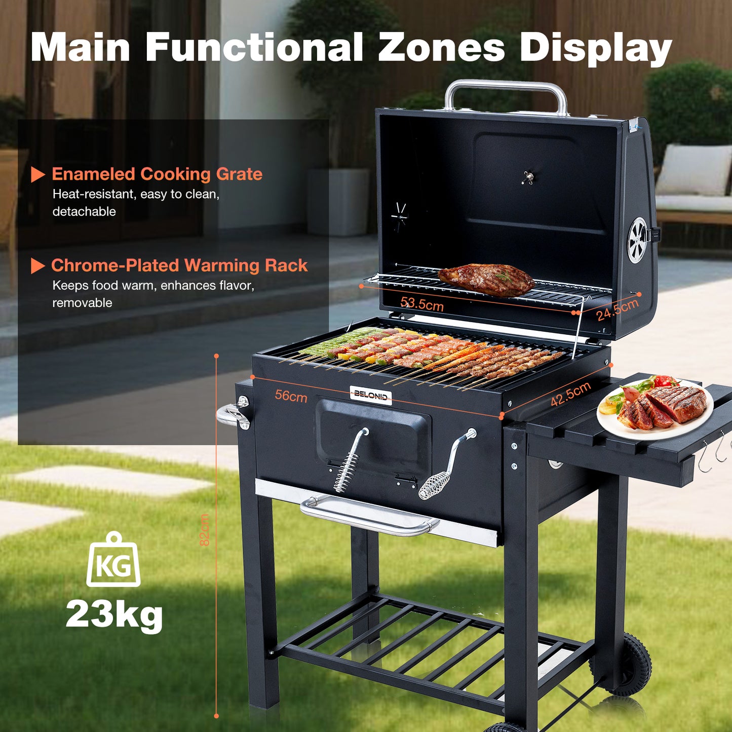 HOMAVO Charcoal Grill, Grill Surface: 56 × 42.5 cm, Height Adjustable Carbon Tub, Foldable Side Table