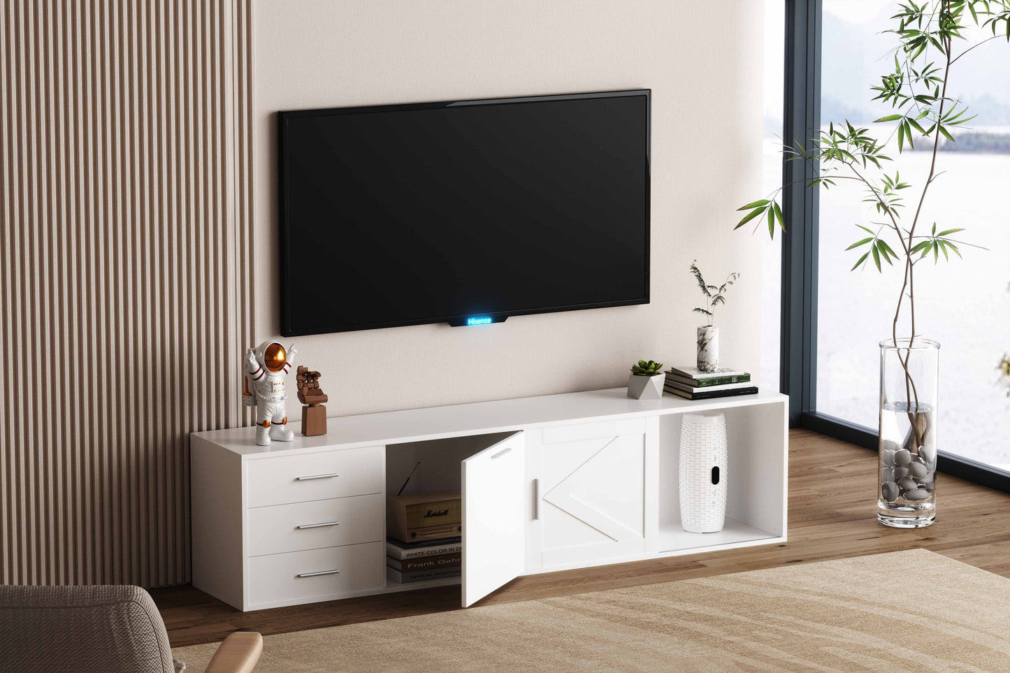 HOMAVO 180cm Modern TV Stand – 3 Drawers, 1 Sliding Door & 1 Swing Door | FSC Wood Storage Cabinet