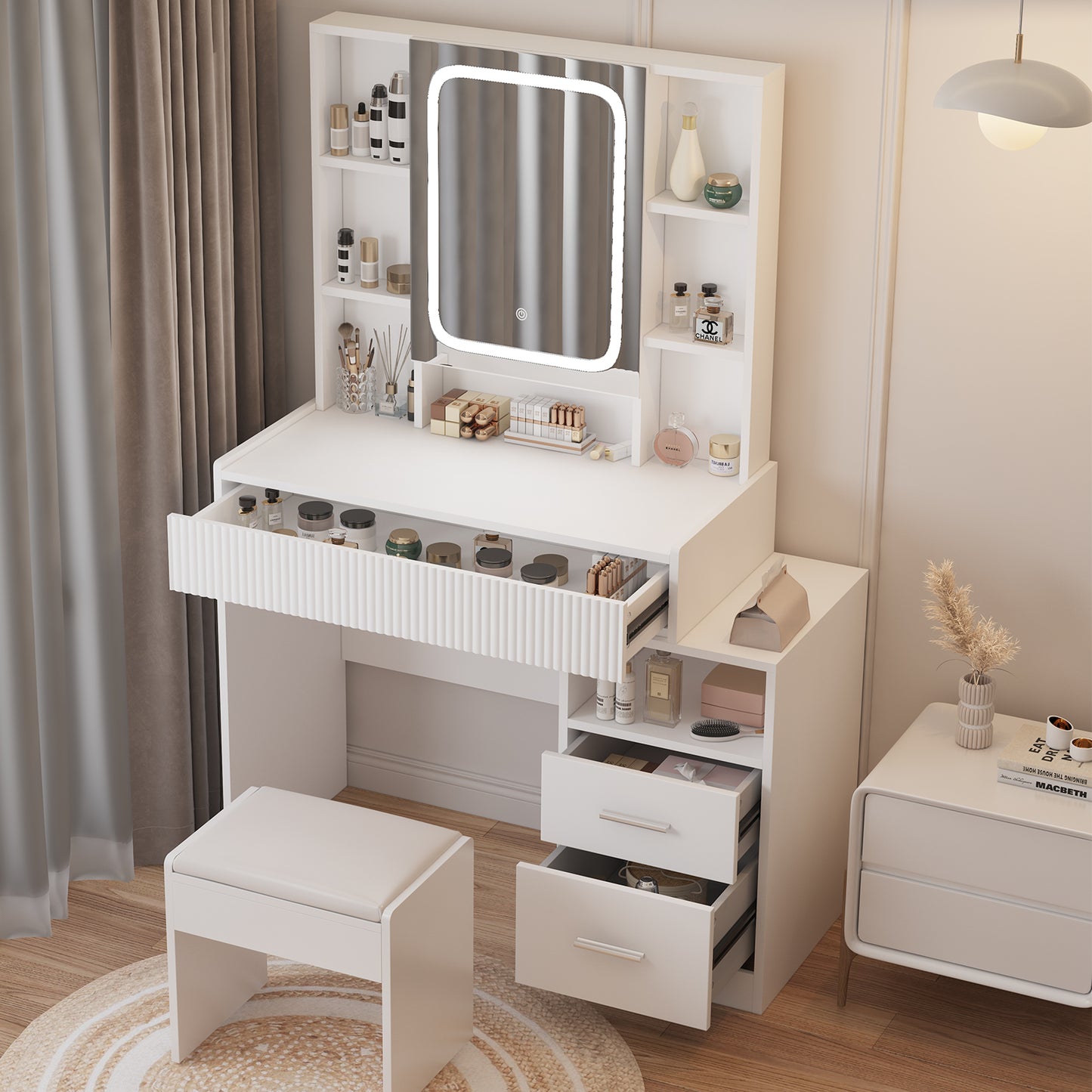 HOMAVO Modern LED Vanity Table – Makeup Desk with Adjustable Lighting, 3 Drawers & 8 Open Shelves for Bedroom and Dressing Room