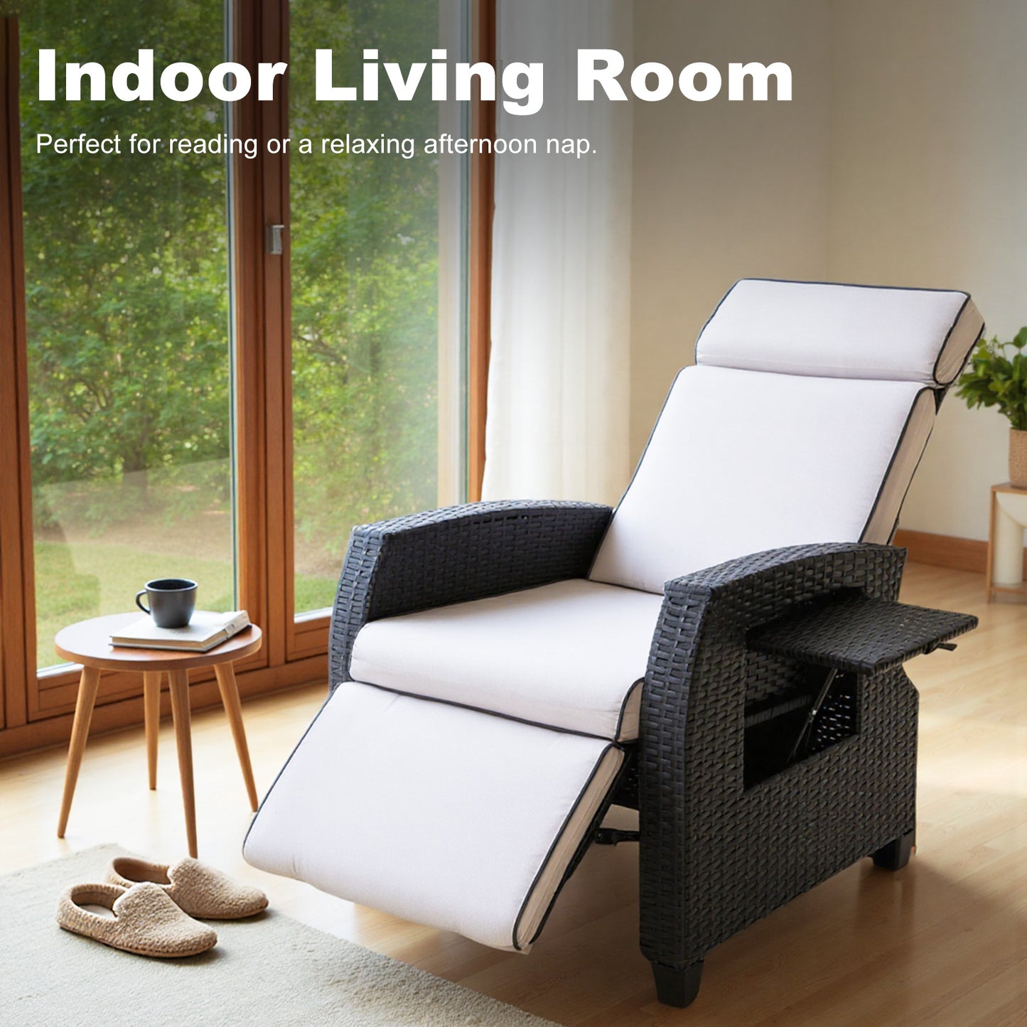 HOMAVO TY01 Rattan Recliner Armchair – Adjustable Backrest, Built-in Side Table, Waterproof & Sun-Resistant, Ideal for Indoor, Balcony, Patio, and Garden