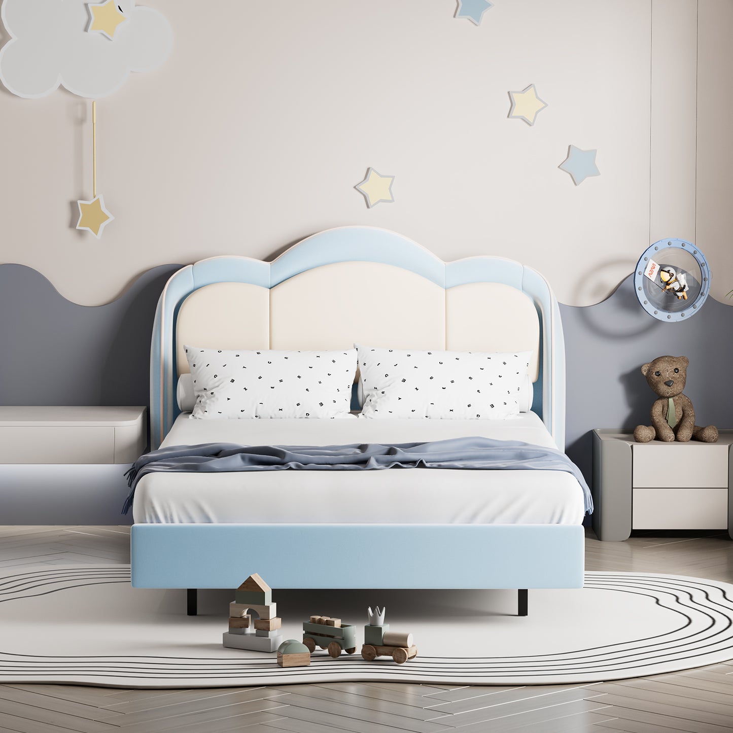 HOMAVO Kids Bed, Floating Bed, Prince/Princess Dream Bed, Cloud-Shaped Bed, LED Music Light, Sturdy Frame