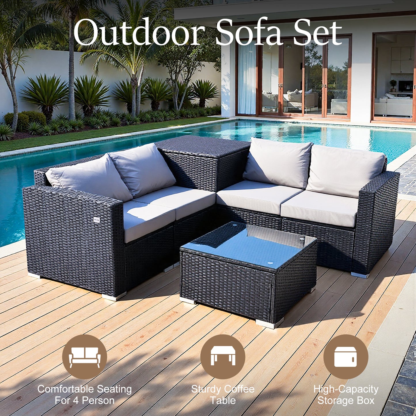 HOMAVO 7 Pieces Outdoor Patio Furniture Set, Coffee Table and Storage Box, with Waterproof Cover