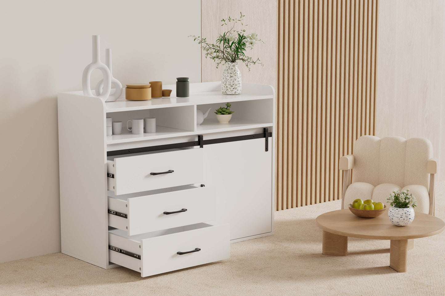 HOMAVO Modern Sideboard – 3 Drawers, 1 Sliding Door & 2 Open Shelves | Elegant Storage Cabinet for Living Room or Dining Room