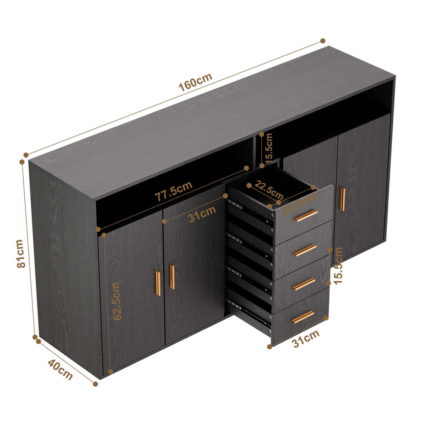 HOMAVO Modern Storage Sideboard with 4 Drawers, 2 Doors and 2 Open Shelves – Buffet Cabinet for Living Room or Dining Room