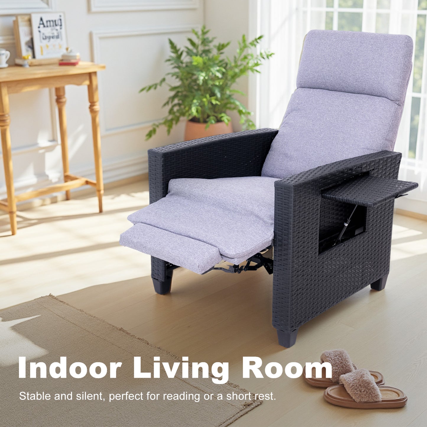 HOMAVO TY02 Rattan Recliner Armchair – Adjustable Backrest, Built-in Side Table, Waterproof & Sun-Resistant, Ideal for Indoor, Balcony, Patio, and Garden