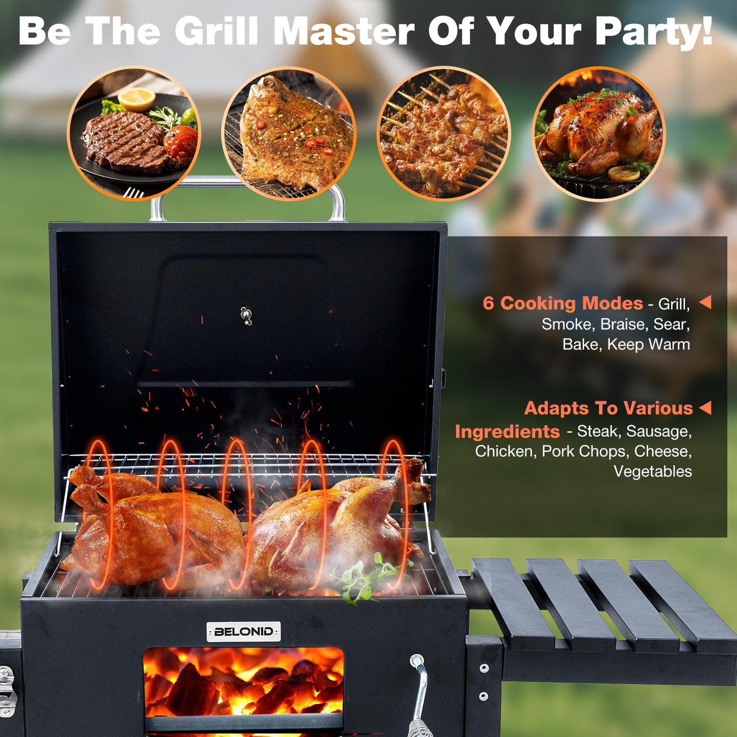 HOMAVO Charcoal Grill, Grill Surface: 56 × 42.5 cm, Height Adjustable Carbon Tub, Foldable Side Table