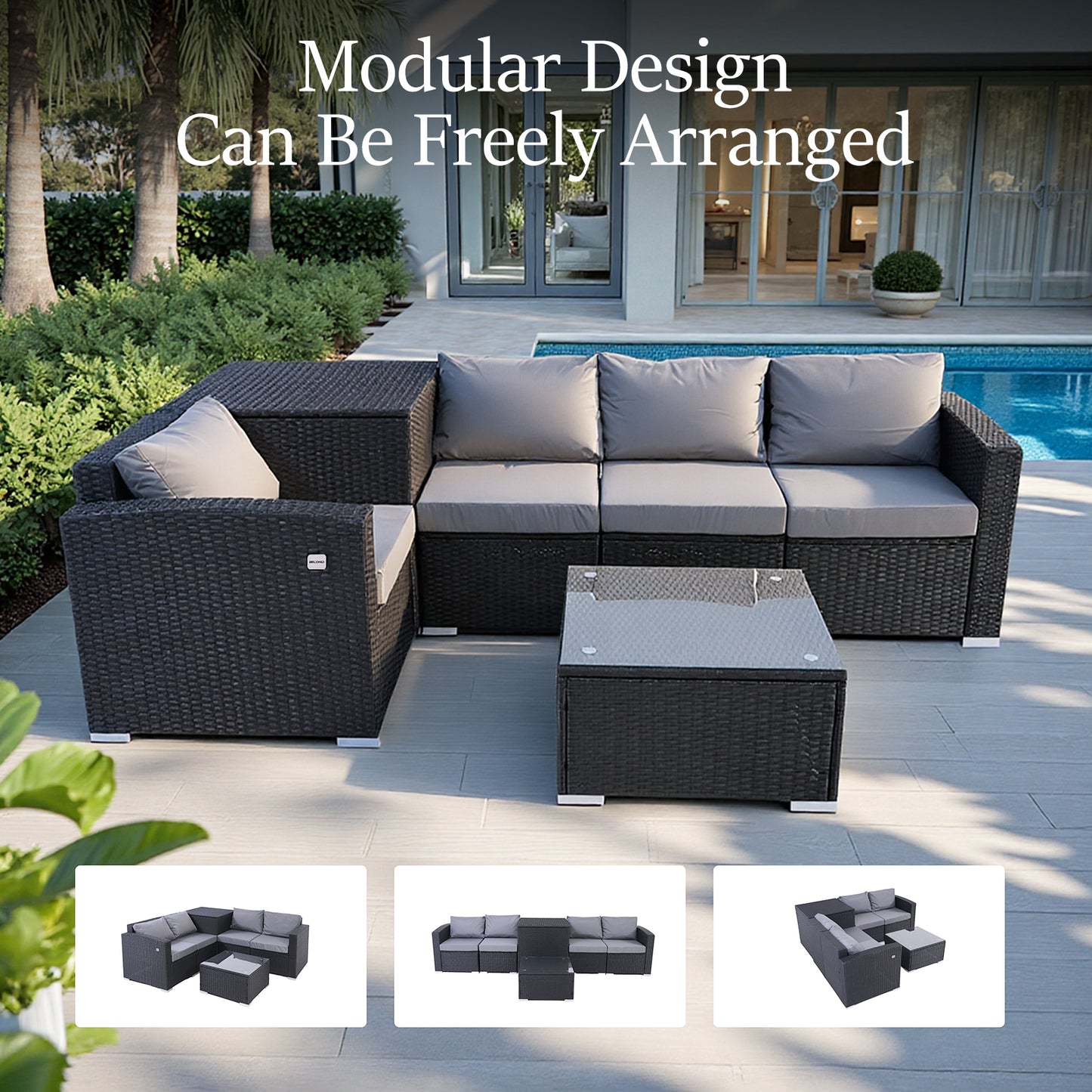 HOMAVO 7 Pieces Outdoor Patio Furniture Set, Coffee Table and Storage Box, with Waterproof Cover