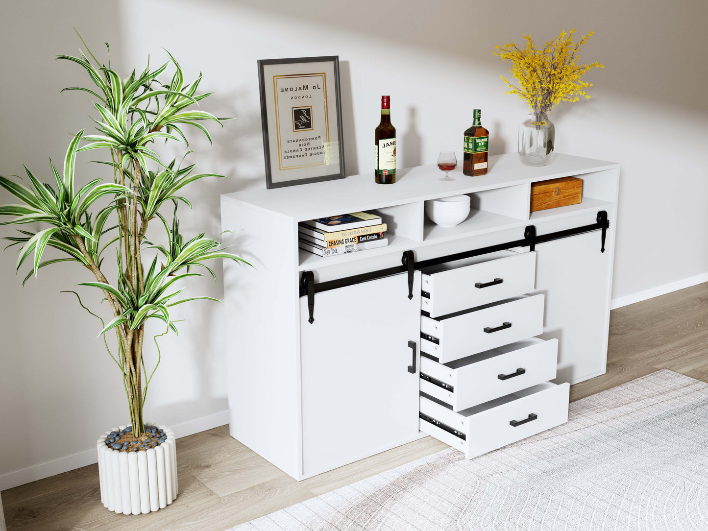 HOMAVO Modern 2-Piece Sideboard with 4 Drawers, 2 Sliding Doors and 2 Open Shelves | Elegant Storage Cabinet for Living Room or Dining Room